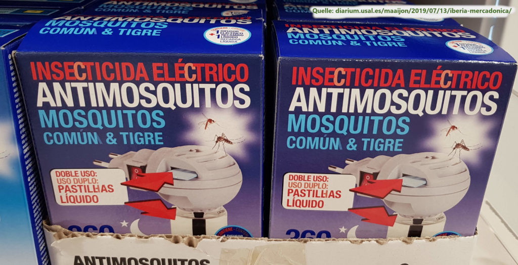 Die Verpackung eines Anti-Mückensteckers auf Spanisch und Portugiesisch