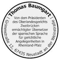 Thomas Baumgart - Ermächtigter Übersetzer - Beglaubigte Übersetzung - Spanisch - Stempel